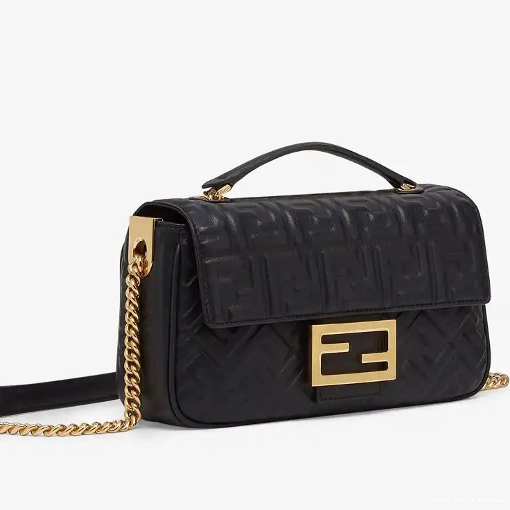 Cheap HOT Midi Black Leather Nappa Motif Chain Fendi In Baguette FF Bag 0525
